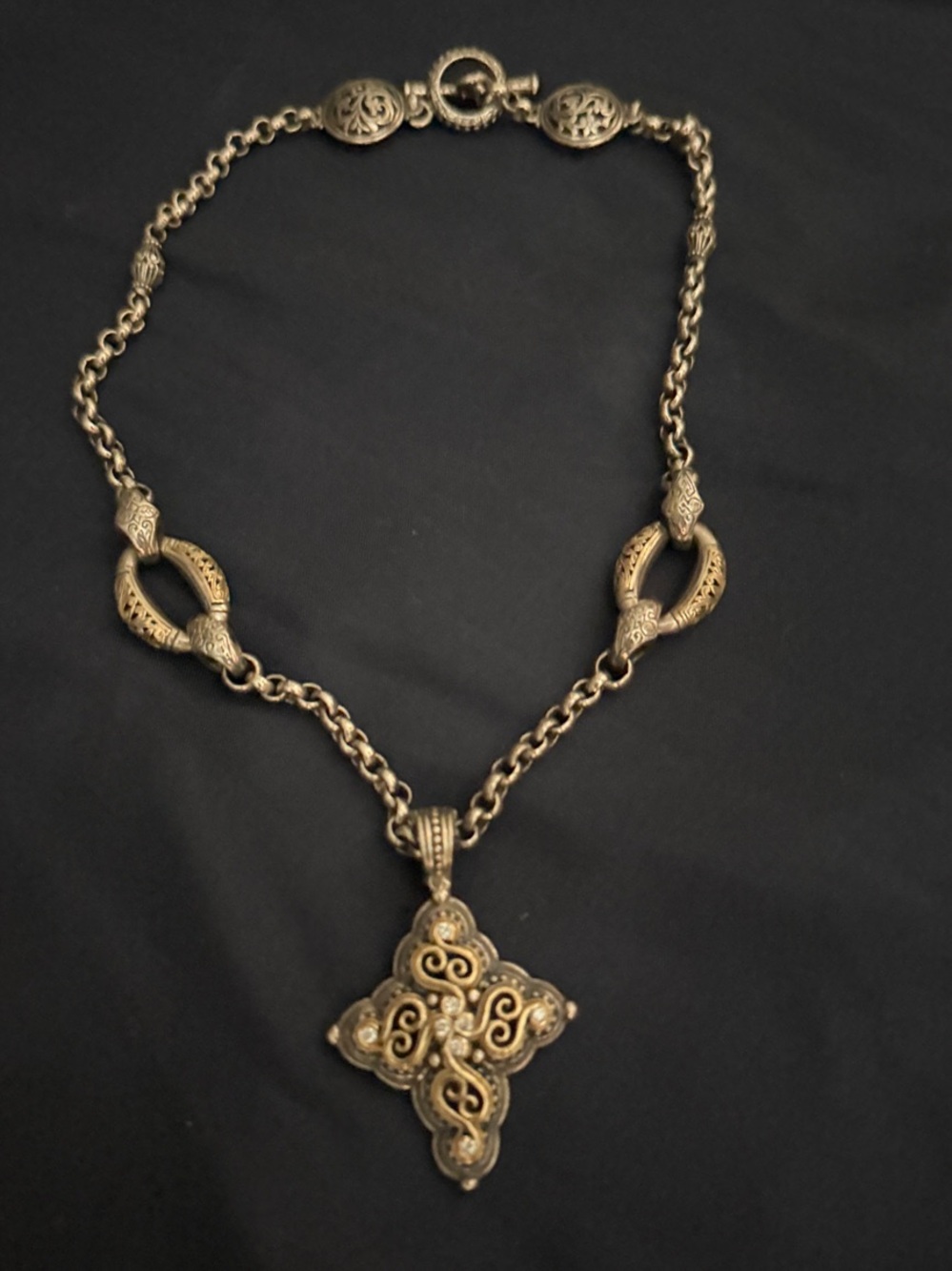 Konstantino Silver and Gold Filigree Cross with Diamonds Pendant Necklace